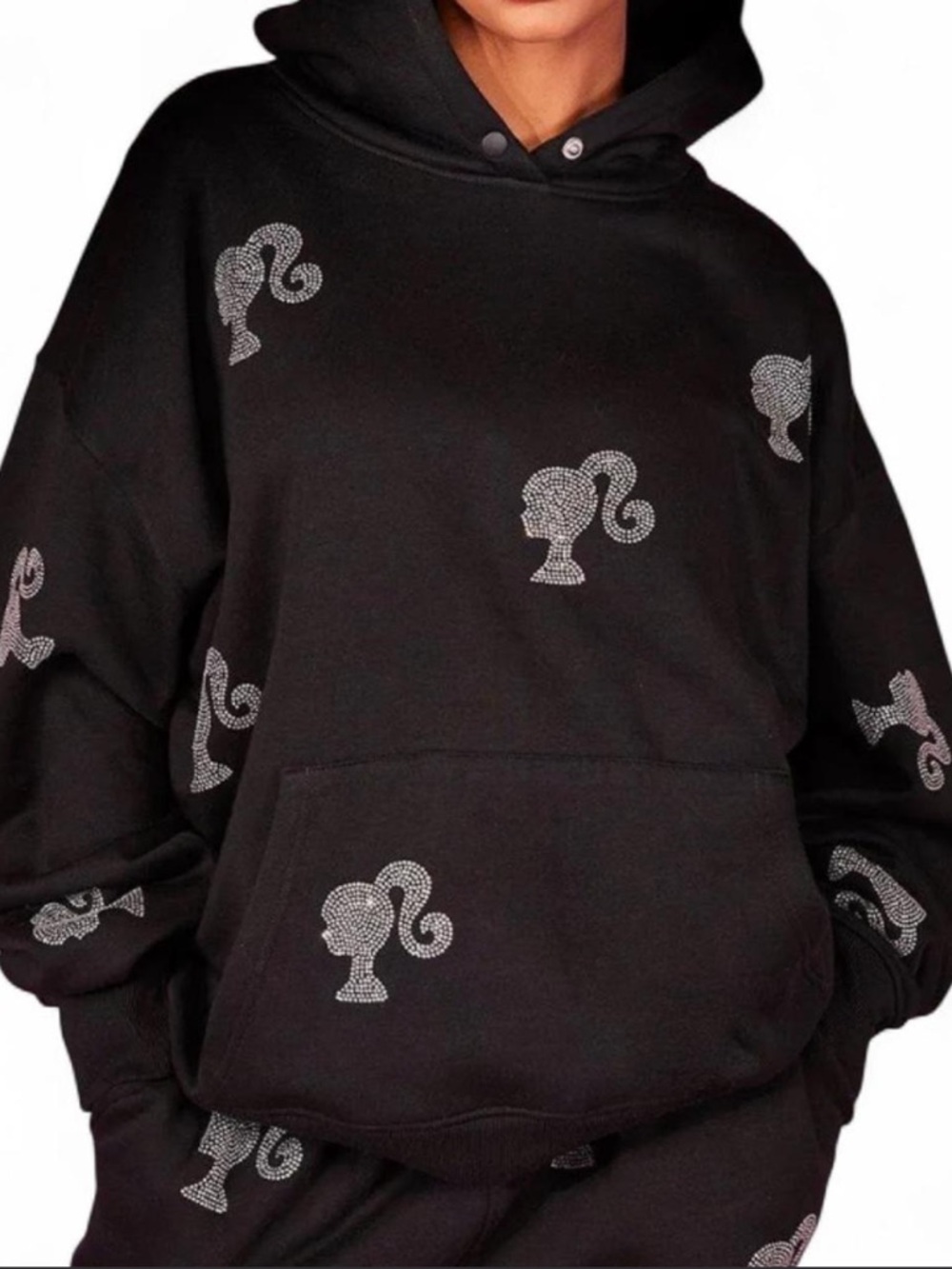 Boohoo Barbie Black Rhinestone Hoodie
